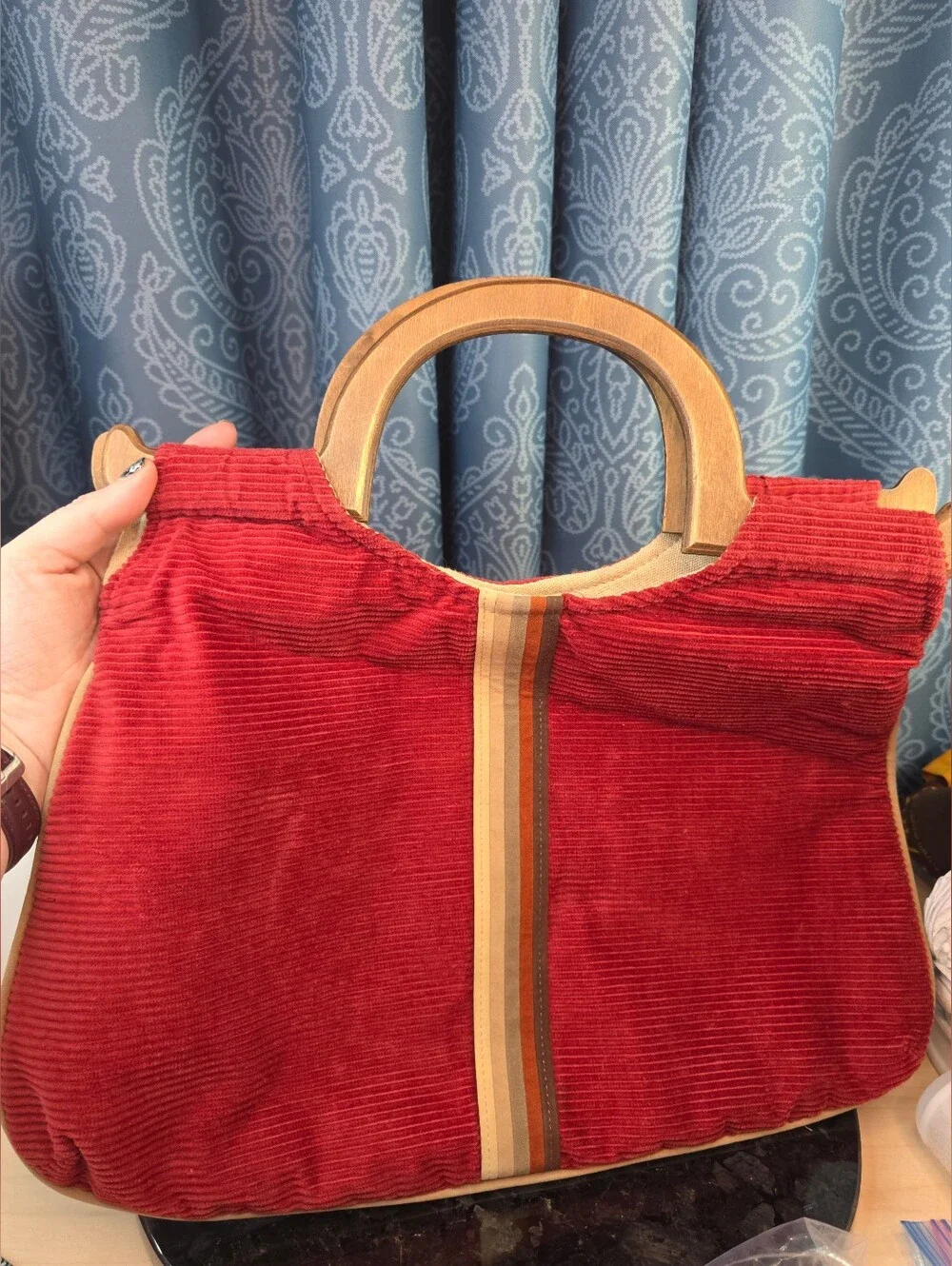 Vintage Red Corduroy Handbag/Satchel/Tote with Wooden Handles